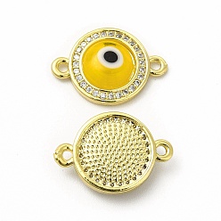 Gold Rack Plating Real 18K Gold Plated Brass Micro Pave Clear Cubic Zirconia Connector Charms, Flat Round with Evil Eye Links, with Handmade Lampwork, Cadmium Free & Lead Free, Long-Lasting, Gold, 18.5x13x4mm, Hole: 1.4mm