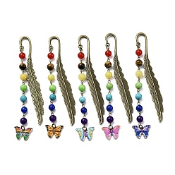 Mixed Color Butterfly Alloy Enamel Pendant Bookmark with Chakra Gemstone Bead, Alloy Feather Bookmarks, Mixed Color, 140x14.5x3.5mm