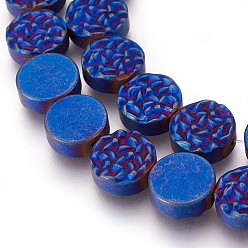 Blue Plated Electroplated Non-magnetic Synthetic Hematite Beads Strands, Frosted, Flat Round, Blue Plated, 10x4mm, Hole: 1mm, about 40pcs/strand, 15.94 inch(40.5cm)