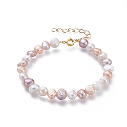 Oro Pulseras de perlas naturales de perlas de agua dulce, con cadena de extensión de hierro, Fornituras de latón, color mezclado, dorado, 7-1/4 pulgada ~ 7-1/2 pulgada (18.5~19 cm)