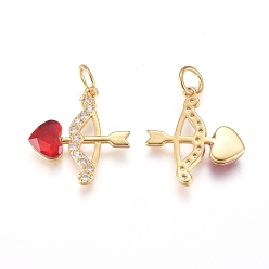 Golden Brass Pendants, with Micro Pave Cubic Zirconia and Jump Rings, Cupid/Cherub Arrow, for Valentine's day, Clear & Red, Golden, 16.5x15.8x3mm, Hole: 3.2mm