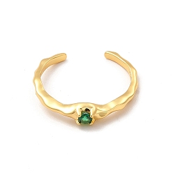 Dark Green Cubic Zirconia Diamond Open Cuff Ring, Real 18K Gold Plated Brass Jewelry for Women, Lead Free & Cadmium Free, Dark Green, US Size 6 1/2(16.9mm)