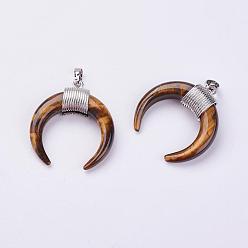 Tiger Eye Natural Tiger Eye Pendants, with Platinum Plated Brass Findings, Double Horn/Crescent Moon, 34x33x8.5mm, Hole: 5x7mm