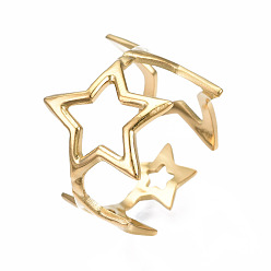 Золотой 304 открытая манжета в форме звезды из нержавеющей стали, массивное полое кольцо для женщин, золотые, размер США 6 3/4 (17.1 мм)