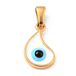 Golden Vacuum Plating 304 Stainless Steel Pendants, with Enamel, Teardrop with Evil Eye, Golden, 15.5x9x2.5mm, Hole: 4.5x2.5mm