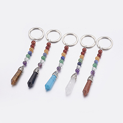 Mixed Stone Natural/Synthetic Gemstone Chakra Pointed Keychain, with Mixed Stone and Platinum Plated Brass Key Findings, Bullet, 107~110mm, Ring: 24x2mm