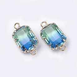 Deep Sky Blue K9 Glass Links connectors, Imitation Tourmaline, with Golden Tone Brass Findings, Faceted, Rectangle, Deep Sky Blue, 22x10.5~1x6~6.5mm, Hole: 2mm