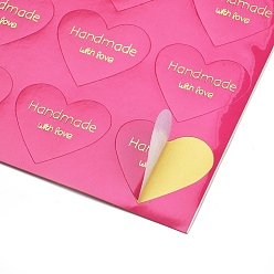 Темно-Розовый Наклейки на день Святого Валентина, этикетки наклейки наклейки, для подарочной упаковки, сердце со словом ручной работы с любовью, темно-розовыми, 28x32 мм