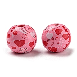 Heart Printed Wood Beads, Valentine's Day Round Beads, Hot Pink, Heart, 16mm, Hole: 3~4.4mm