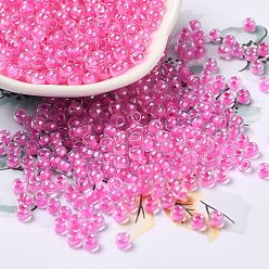 Hot Pink Glass Seed Beads, Inside Colours Lustered, Round, Hot Pink, 4x3mm, Hole: 1.4mm, about 7650pcs/pound