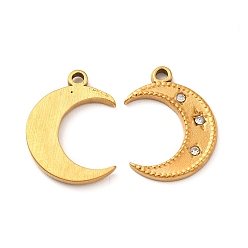 Golden Ion Plating(IP) 304 Stainless Steel Pendants, with Crystal Rhinestone, Crescent Moon Charms, Golden, 18x13.5x2mm, Hole: 1.2mm