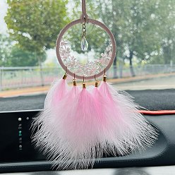 Pink Iron Ring Woven Net/Web with Feather Car Hanging Decoration, with Glass Teardrop Charms, for Car Rearview Mirror Decoration, Pink, 350mm