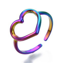 Rainbow Color 304 Stainless Steel Hollow Heart Cuff Rings, Open Rings for Women Girls, Rainbow Color, US Size 7(17.5mm)