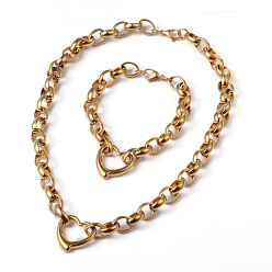 Doré  Heart 304 inoxydable colliers à maillons en acier et bracelets ensembles de bijoux, avec fermoir pince de homard, or, 18.5 pouces (470 mm), 215 mm (8-1/2 pouces)