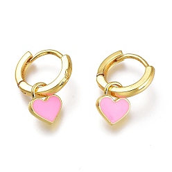 Pearl Pink Brass Enamel Huggie Hoop Earrings, Long-Lasting Plated, Lead Free & Cadmium Free, Heart, Real 18K Gold Plated, Pearl Pink, 19mm, Pin: 1mm