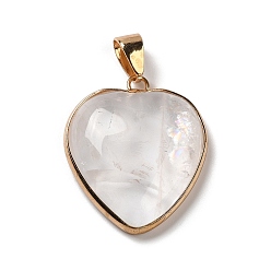 Quartz Crystal Natural Quartz Crystal Pendants, Heart Charms, with Golden Tone Iron and Brass Findings, 29x24~24.5x6~6.5mm, Hole: 7~7.3x3.8~4.3mm
