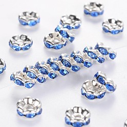 Sky Blue Brass Rhinestone Spacer Beads, Grade A, Rondelle, Silver Color Plated, Sky Blue, about 6mm in diameter, hole: about 1mm