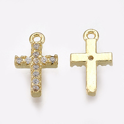 Real 18K Gold Plated Cubic Zirconia Tiny Cross Charms, with Brass Findings, Clear, Real 18K Gold Plated, 11x6.5x2mm, Hole: 0.8mm