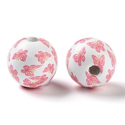 Pink Easter Theme Printed Wood European Beads, Large Hole Beads, Round, Pink, 16mm, Hole: 4.5mm