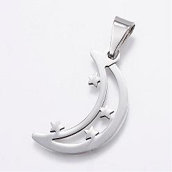Stainless Steel Color 304 Stainless Steel Pendants, Moon with Star, Stainless Steel Color, 31x17x6mm, Hole: 3x9.5mm