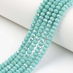 Turquoise Electroplate Opaque Solid Color Glass Beads Strands, Half Rainbow Plated, Faceted, Rondelle, Turquoise, 6x5mm, Hole: 1mm, about 85~88pcs/strand, 16.1~16.5 inch(41~42cm)