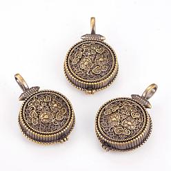 Brushed Antique Bronze Brass Locket Pendants, Flat Round with Flower, Brushed Antique Bronze, 37x24.5x8.5mm, Hole: 4x6.5mm, Inner: 20.5mm