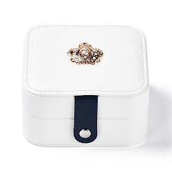 White PU Imitation Leather Jewelry Organizer Box, with Wood Inside, Velvet Covered, Portable Jewelry Storage Case, for Ring, Earrings and Necklace, Square with Crown, White, 11.2x11.4x5.9cm