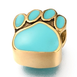 Cyan Ion Plating(IP) 304 Stainless Steel European Beads, with Enamel, Large Hole Beads, Dog Paw Prints, Golden, Cyan, 10.5x10x7mm, Hole: 4.5mm
