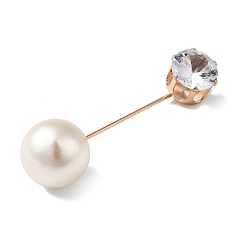 White Zinc Alloy Rhinestone Lapel Pins, with Resin Imitation Pearl, Light Gold, White, 47mm