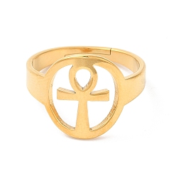 Oro Chapado en iones (ip) 304 anillo ajustable ankh corss hueco de acero inoxidable para mujer, dorado, diámetro interior: 17 mm