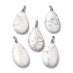 Howlite Natural Howlite Pendants, with Brass Finding, Teardrop, 35x20x7.5~9mm, Hole: 4x3.5mm
