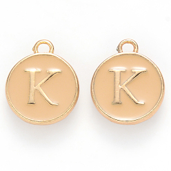 Letter K Golden Plated Alloy Enamel Charms, Cadmium Free & Lead Free, Enamelled Sequins, Flat Round with Letter, Wheat, Letter.K, 14x12x2mm, Hole: 1.5mm