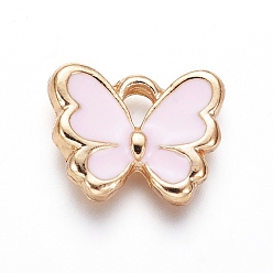 Perlas de Color Rosa Encantos de aleación chapada en oro claro, con esmalte, mariposa, rosa perla, 10.5x12.5x2.5 mm, agujero: 2 mm