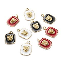 Mixed Color Real 18K Gold Plated Brass Enamel Pendants, with Jump Rings, Long-Lasting Plated, Rectangle with Lion, Mixed Color, 21x16x5mm, Hole: 3.5mm