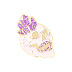 White Alloy Enamel Brooches, Skull with Crystal, White, 30.5x19mm