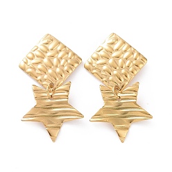 Golden 304 Stainless Steel Rhombus with Star Dangle Stud Earrings for Women, Golden, 35mm, Pin: 0.8mm