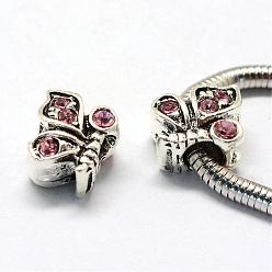 Light Rose Alloy Rhinestone European Beads, Large Hole Beads, Butterfly, Antique Silver, Light Rose, 12x11x8mm, Hole: 5mm