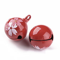 Red Baking Painted Brass Bell Pendants, Ball with Sakura, Red, 23x18x18mm, Hole: 2.5mm