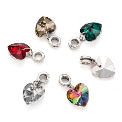 Mixed Color Large Hole Alloy European Dangle Charms, with Electroplated Glass Heart Pendants, Antique Silver, Mixed Color, 25mm, Hole: 5mm