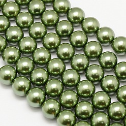 Olive Terne Brins de perles rondes en verre teinté écologique, Grade a, cordon en coton fileté, vert olive, 12mm, Trou: 0.7~1.1mm, Environ 34 pcs/chapelet, 15 pouce