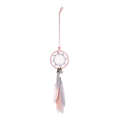 Pink Handmade Round Leather Woven Net/Web with Feather Wall Hanging Decoration, with Iron Rings, Alloy Star Pendants & Wooden Beads, for Home Offices Amulet Ornament, Pink, 410mm