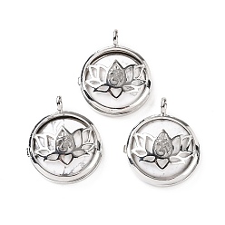 Howlite Natural Howlite Locket Pendants, Flat Round Charms, with Platinum Plated Brass Lotus Findings, 31.5x27x9mm, Hole: 4.6mm
