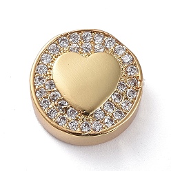Golden Brass Micro Pave Cubic Zirconia Beads, Flat Round with Heart, Clear, Golden, 12x5mm, Hole: 2mm