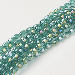 Light Sea Green Electroplate Glass Beads Strands, AB Color Plated, Faceted Oval, Light Sea Green, 6x4mm, Hole: 1mm, about 67~68pcs/strand