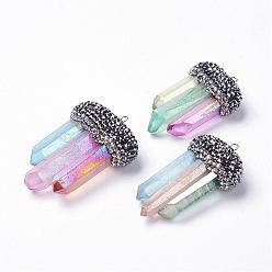 Mixed Color Natural Quartz Crystal Pointed Pendants, with Brass Polymer Clay Rhinestone, Bullet, Mixed Color, 44~51x28~35x13~15mm, Hole: 2mm