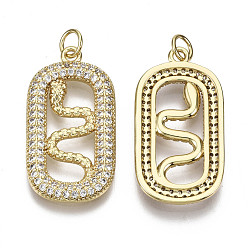 Real 16K Gold Plated Brass Micro Pave Clear Cubic Zirconia Pendants, with Jump Ring, Nickel Free, Oval with Snake, Real 16K Gold Plated, 28x15x3mm, Jump Ring: 5x1mm, 3mm inner diameter