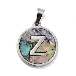 Letter Z 304 Stainless Steel with Paua Shell Pendants, Stainless Steel Color, Flat Round with Letter Charm, Letter.Z, 18x16x1.5mm, Hole: 3x6mm