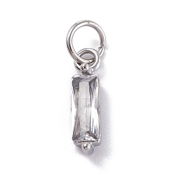 Clear 304 Stainless Steel Cubic Zirconia Pendants, Rectangle, Stainless Steel Color, Clear, 17x4x4mm, Hole: 5mm