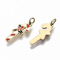 Real 14K Gold Plated 316 Surgical Stainless Steel Enamel Charms, with Jump Rings, Christmas Stick, Real 14K Gold Plated, 13x5x1mm, Jump Ring: 3.5x0.5mm, 2.5mm inner diameter