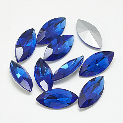 Sapphire Pointed Back Glass Rhinestone Cabochons, Back Plated, Faceted, Horse Eye, Sapphire, 12x6x3.5mm